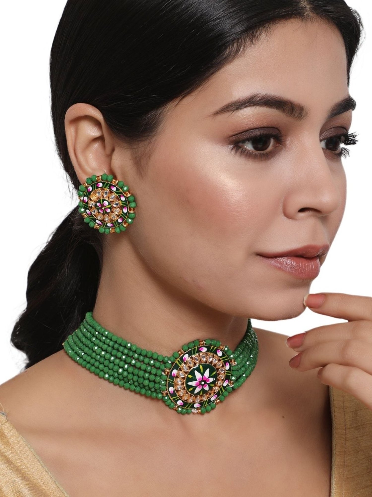 Aatmana Kundan-Studded & Green Beaded Handcrafted Floral Meenakari Necklace Set