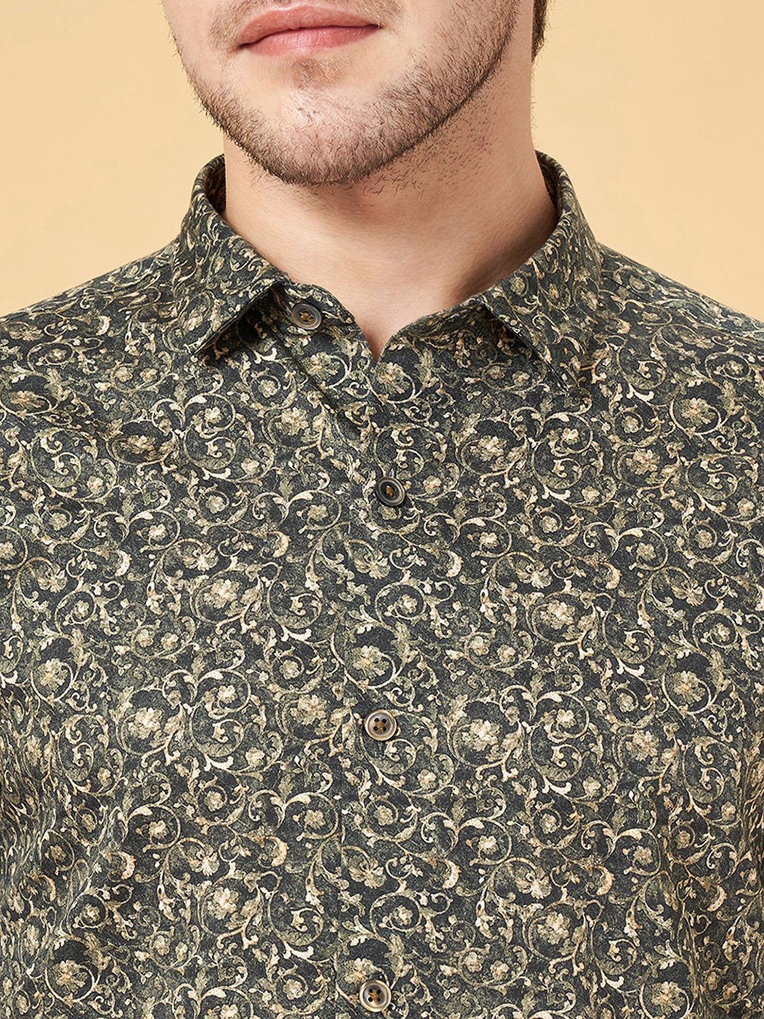 Peregrine by Pantaloons Jet Black Slim Fit Printed Shirt