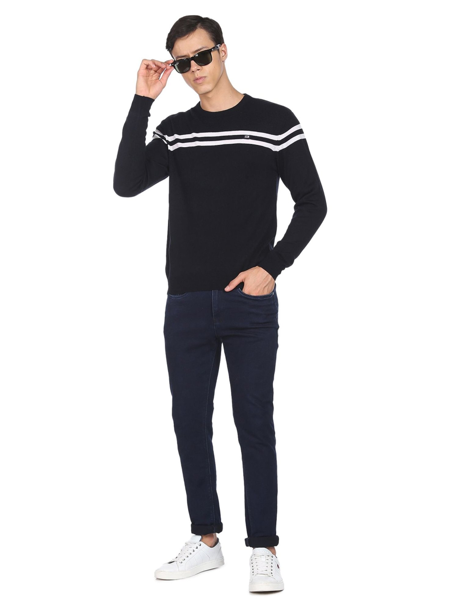 Arrow Sport Navy Blue Regular Fit Striped Sweater