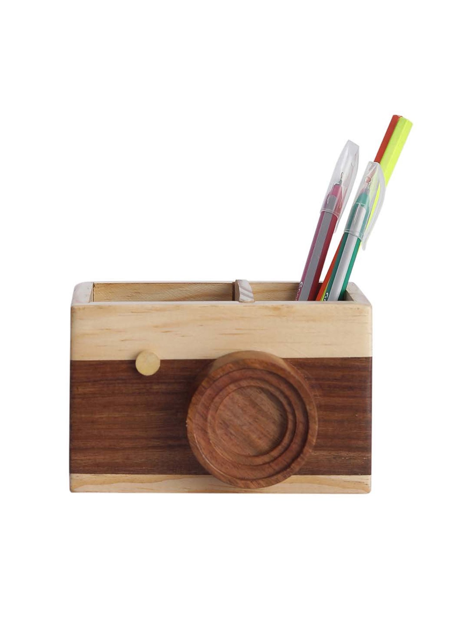VarEesha Brown & Beige Sheesham Wood Camera-Shaped Penstand - Set of 1