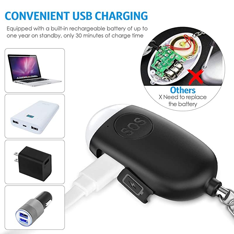 New Version Safe Sound Personal Alarm 130dB Rechargeable Safesound Security Alarm Keychain Emergency Self Defense Alarm with LED Light for Kids Women Elderly 2 PackWhiteBlack