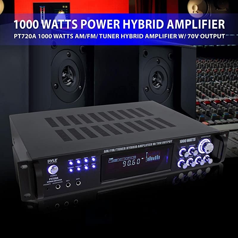 4-Channel Home Audio Power Amplifier - w/ 70V Output - 1000 Watt Rack Mount Stereo Receiver w/ AM FM Tuner, Headphone, Microphone Input for Karaoke, Great for Commercial Entertainment Use -  PT720A B