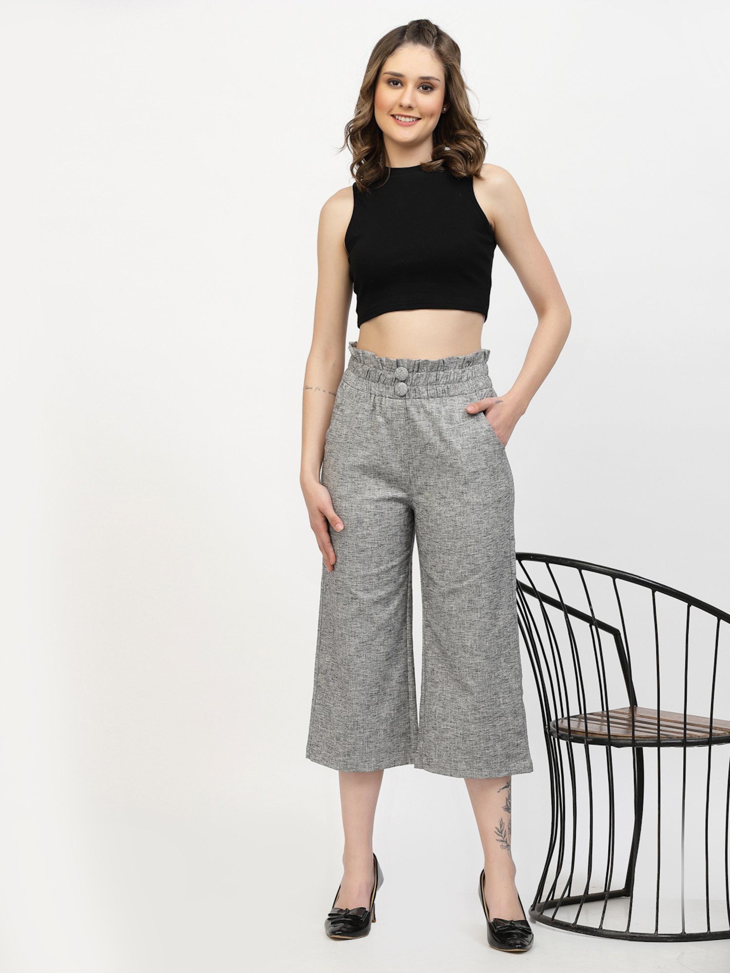 Westwood Grey Melange Relaxed Fit Mid Rise Crop Pants