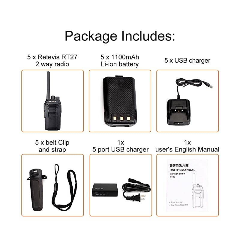 RT27 2 Way Radio Walkie Talkies Long Range Adult 22 CH VOX Business Rechargeable Two Way Radio with 5 Port USB Charger5 Pack