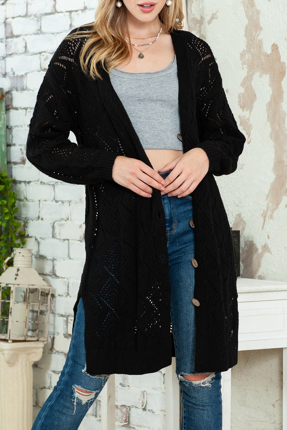 Black Button Up Hollow Out Loose Long Cardigan