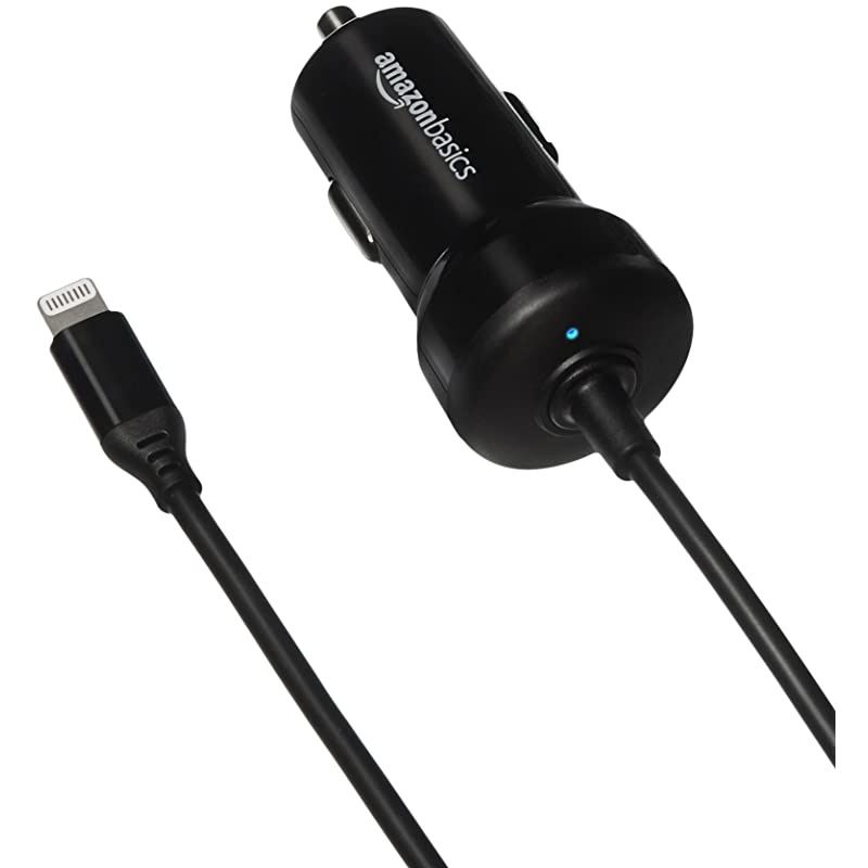 Basics Coiled Cable Lightning Car Charger - 5V 12W - 1.5 Foot, Black, 5-Pack