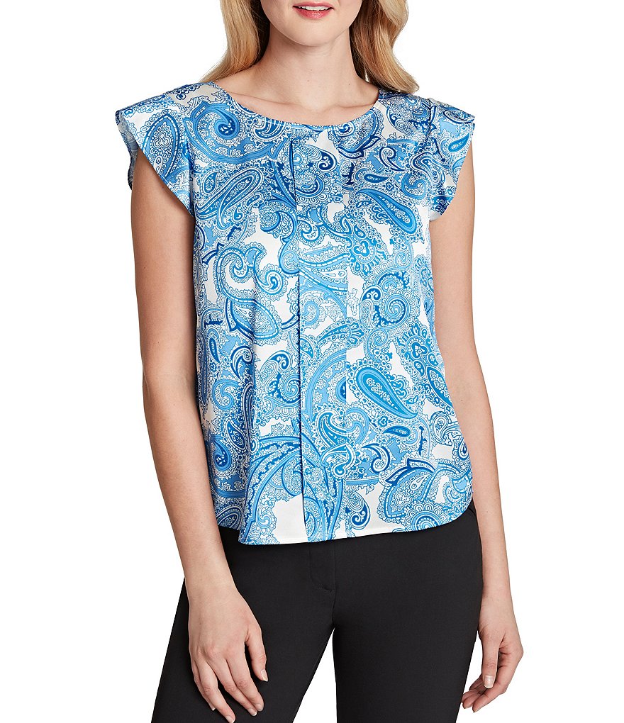 Tahari ASL Cap Sleeve Jewel Neck Pleat Front Satin Paisley Top