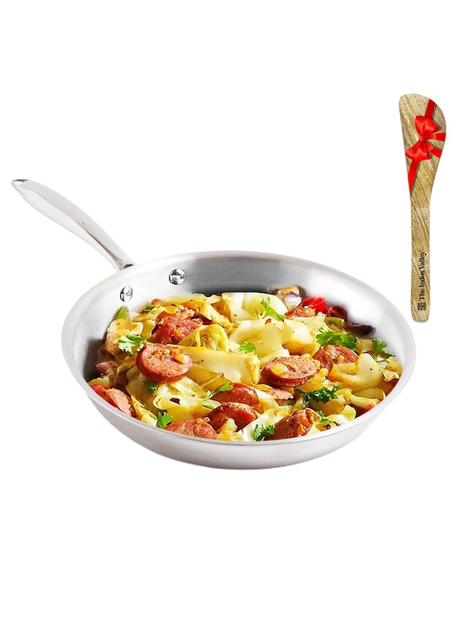 The Indus Valley Silver Stainless Steel Fry Pan with Wooden Flip (1.9 L)