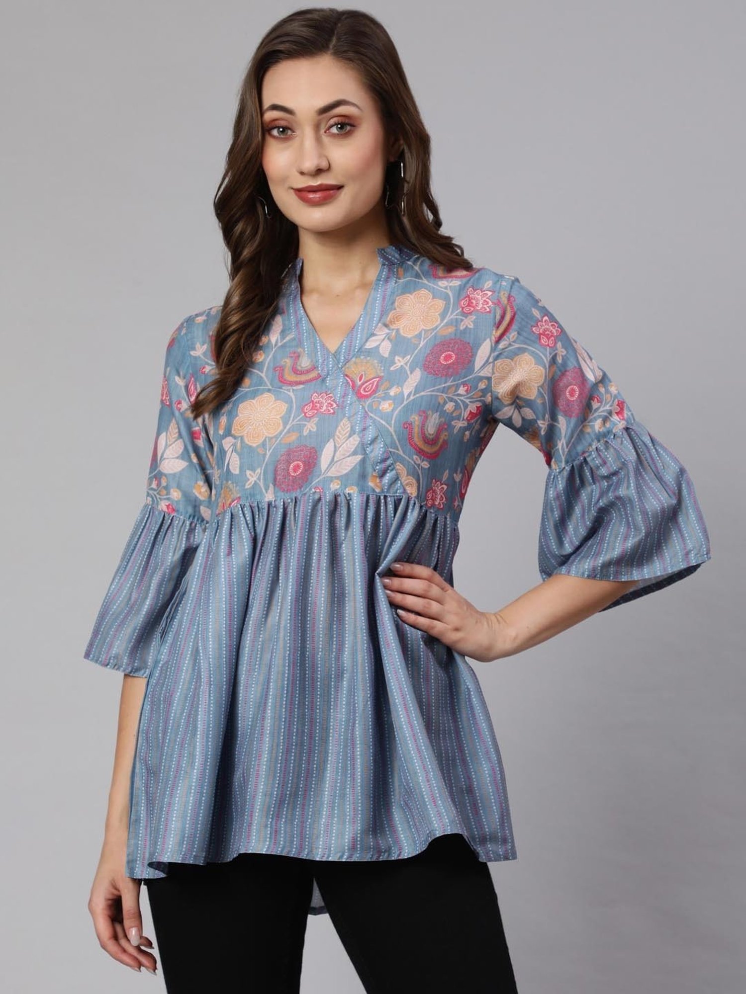 Jaipur Kurti Grey Floral Peplum Top