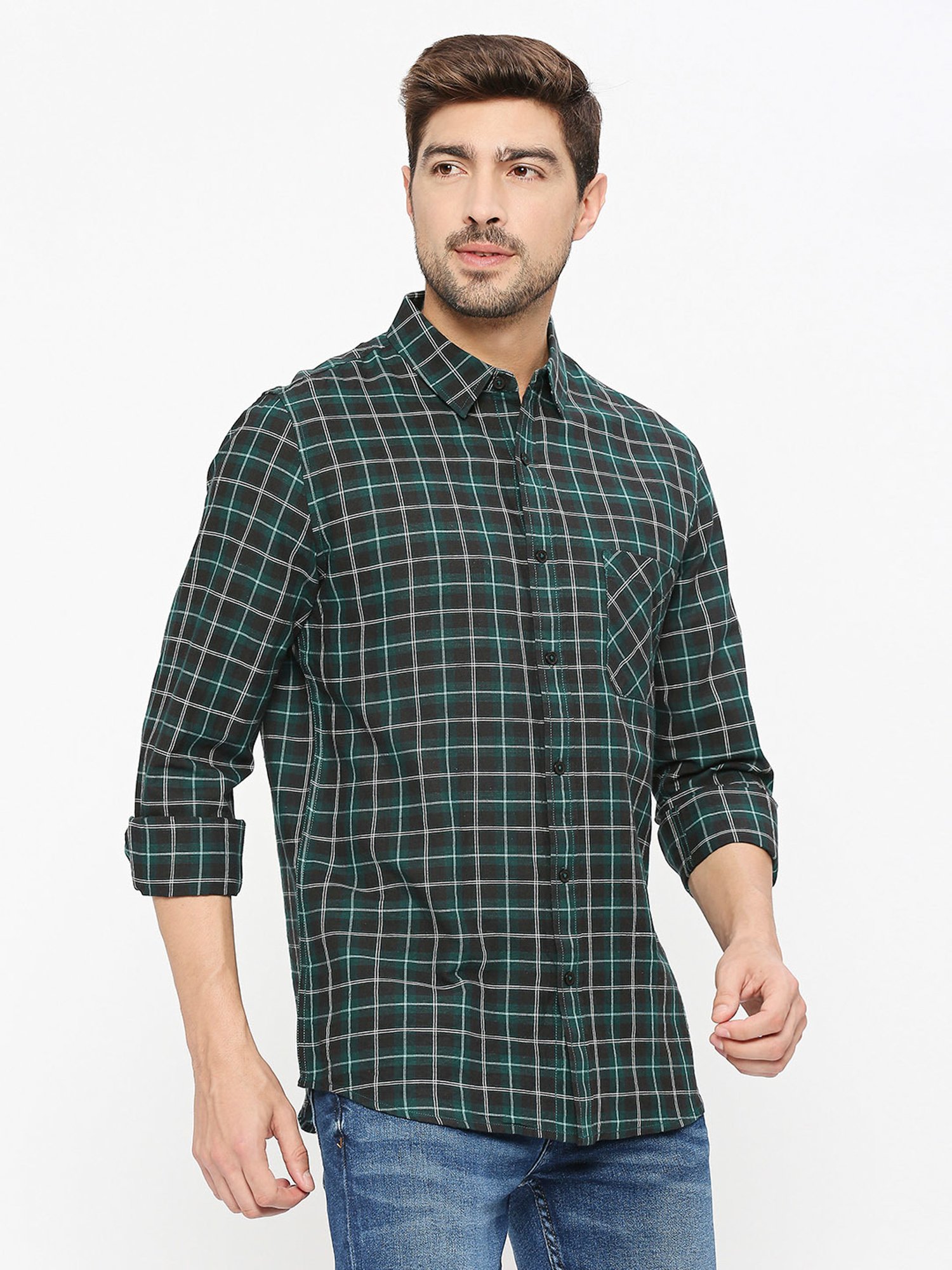 SOLEMIO Green Slim Fit Cotton Check Shirt