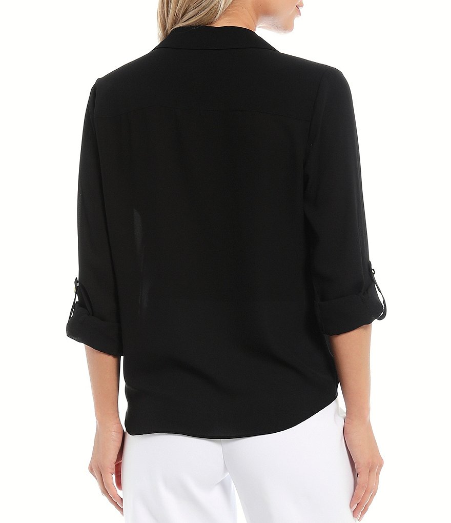 Investments Solid Point Collar Neck Button-Front Long Sleeve Tie-Front Top