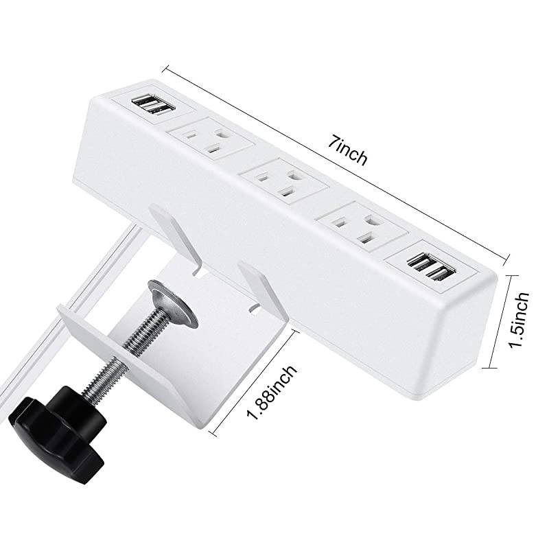 AC Outlet Desk Clamp Power Strip White Desk Mount USB Charging Power Station Removable Desktop Edge Power Center Plugs Output 125V60HZ12A1500W USB 5V4A 656FT Cable