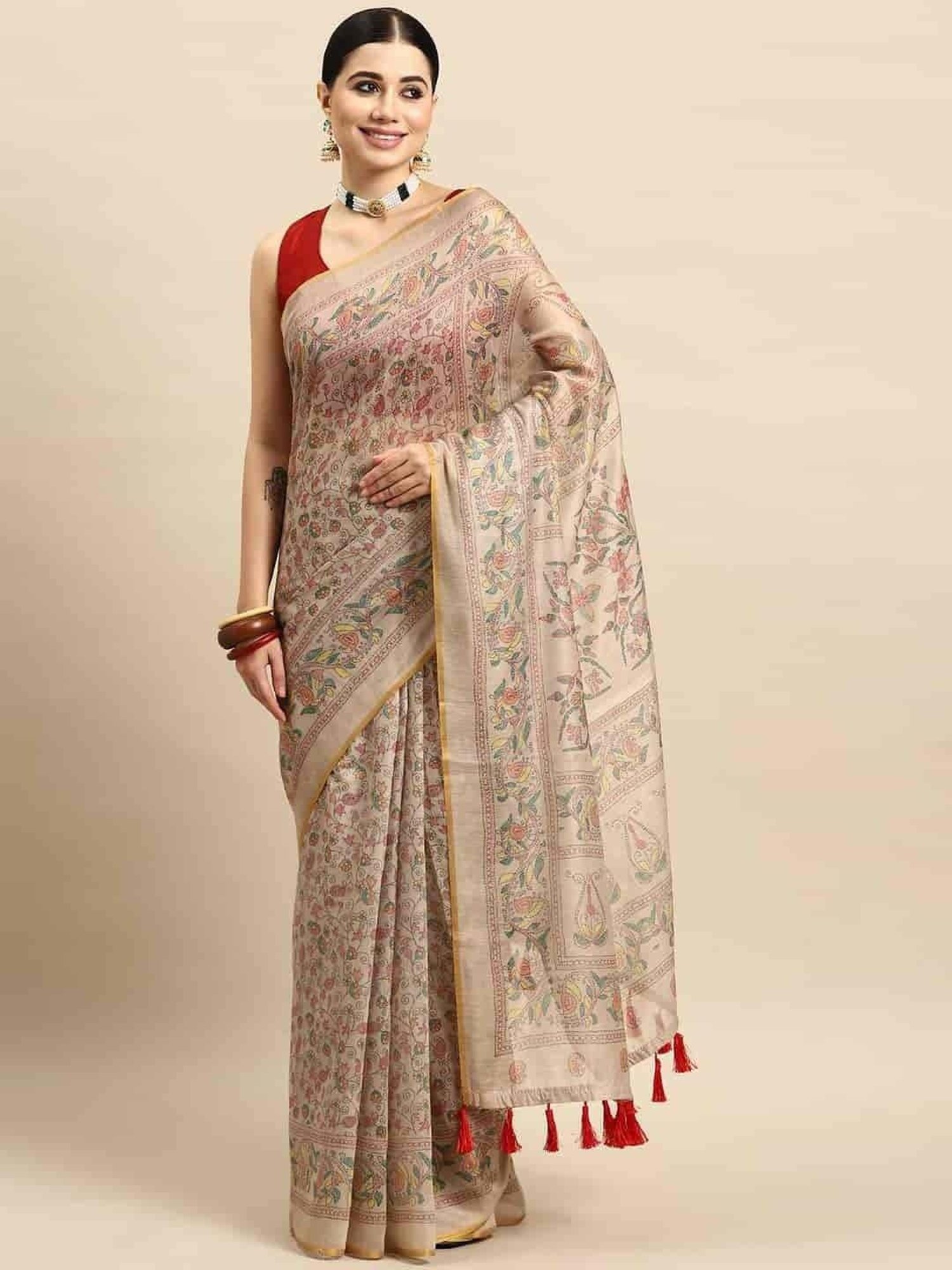 Silk Land Beige Printed Saree With Unstitched Blouse