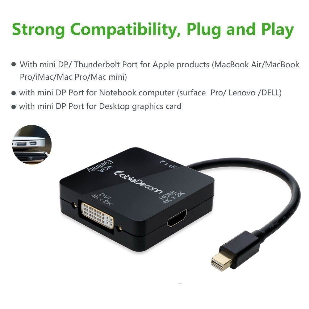 CableDeconn Thunderbolt Mini Displayport HDMI 4Kx2K to HDMI VGA DVI HDTV Video Cable Converter for Apple Macbook, Macbook Pro, iMac, Macbook Air, Mac Mini, Surface pro 2 3 4, Thinkpad ,Dell