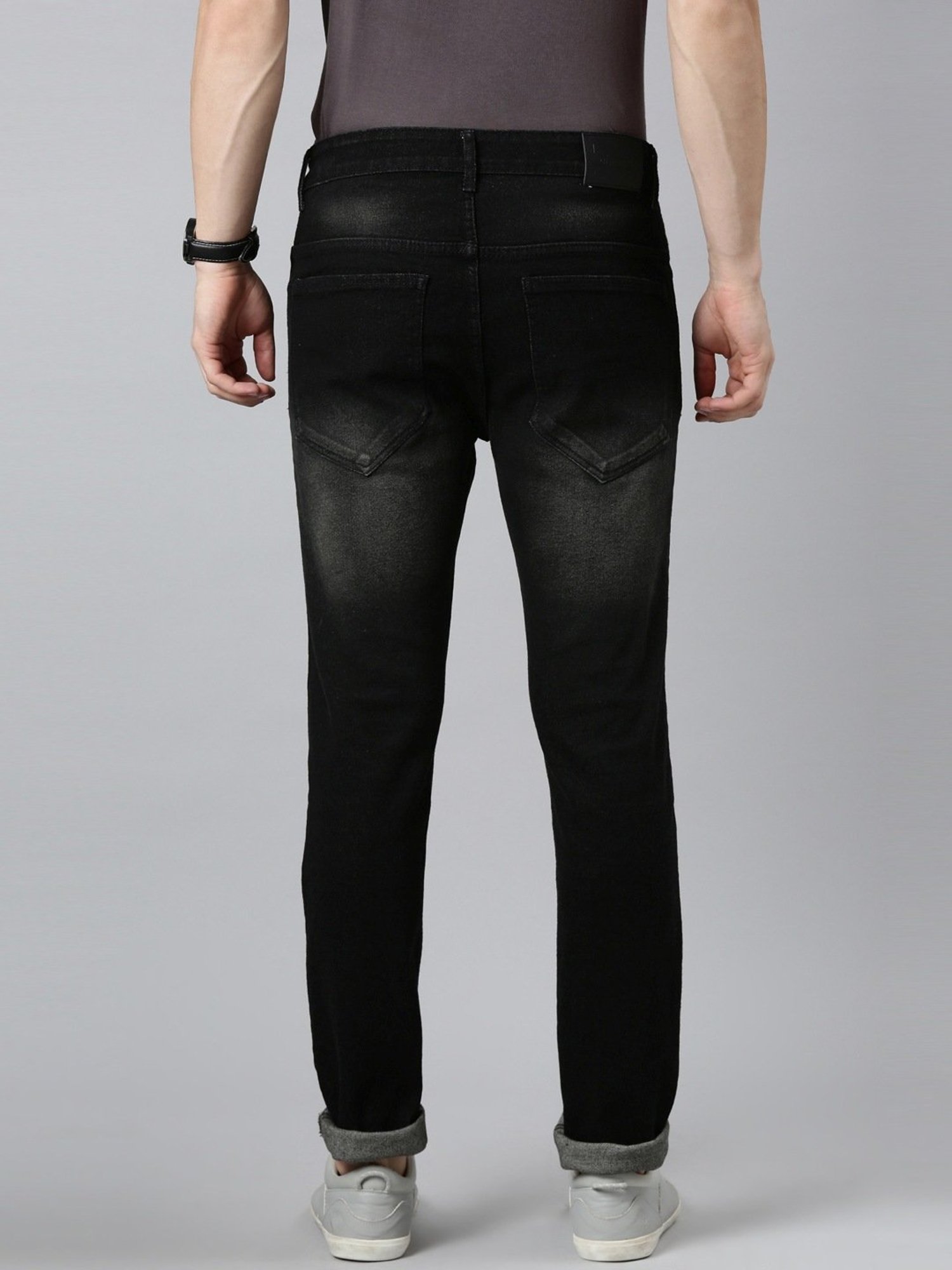 CINOCCI Charcoal Cotton Slim Fit Distressed Jeans
