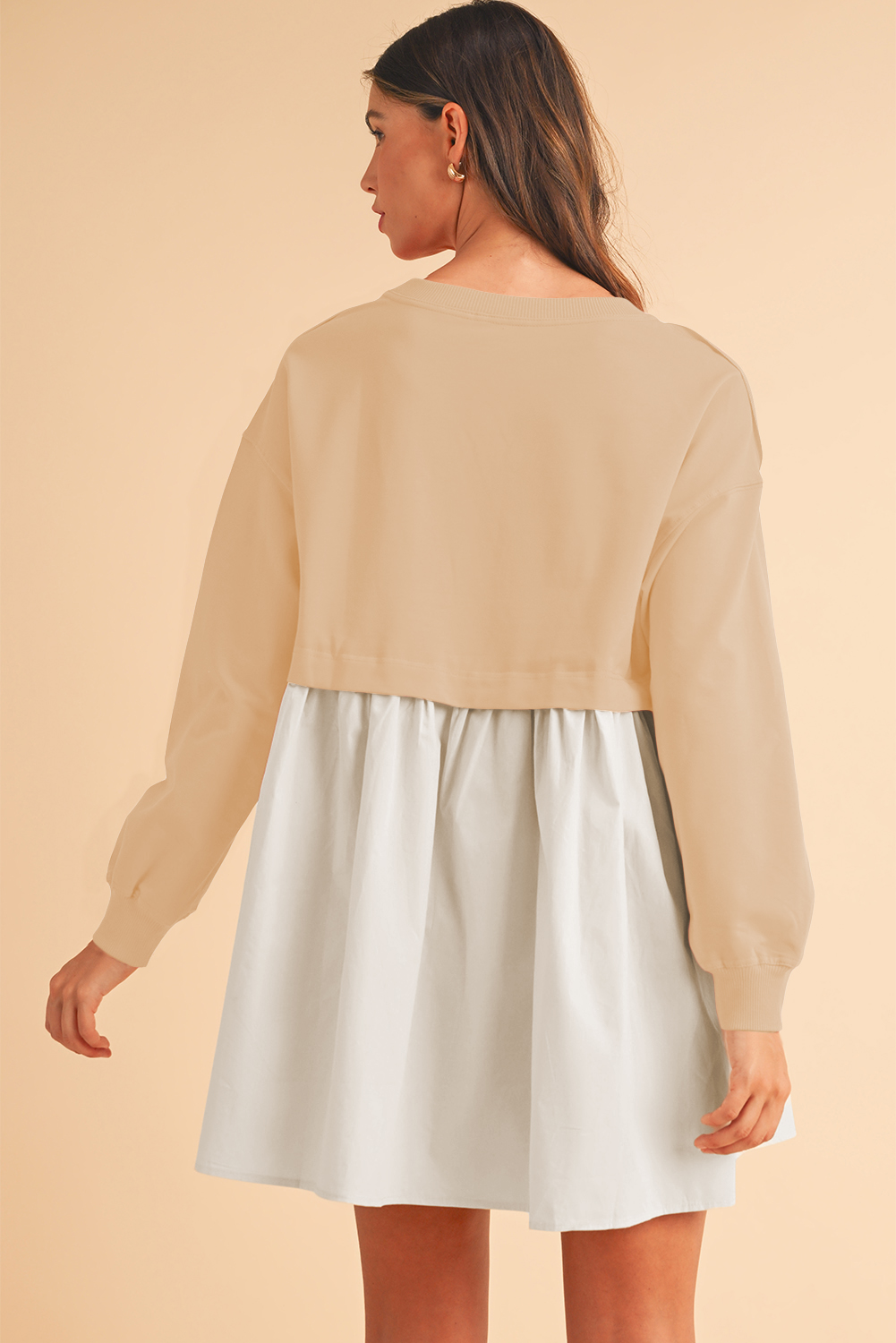 Khaki Sweatshirt Colorblock Flowy Pleated Mini Dress