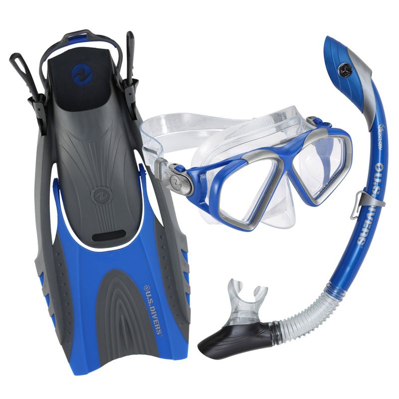 U.S. Divers Adult Cozumel TX Island Dry Snorkeling Combo Set with Adjustable Mask, Snorkel, and Small/Medium Fins (Men's 4-8.5/Women's 5-9.5), Blue
