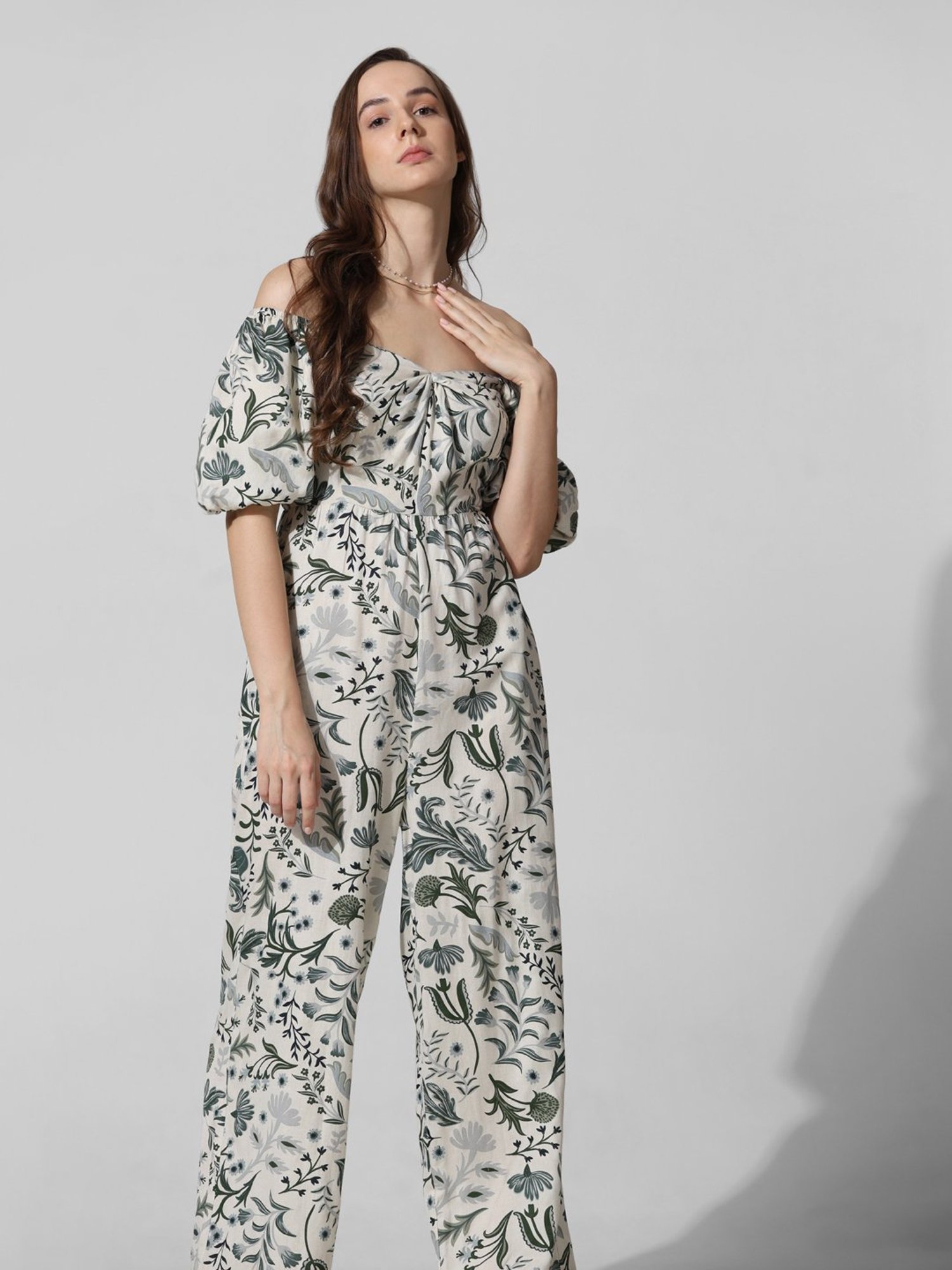 Only White & Green Cotton Floral Print Jumpsuit