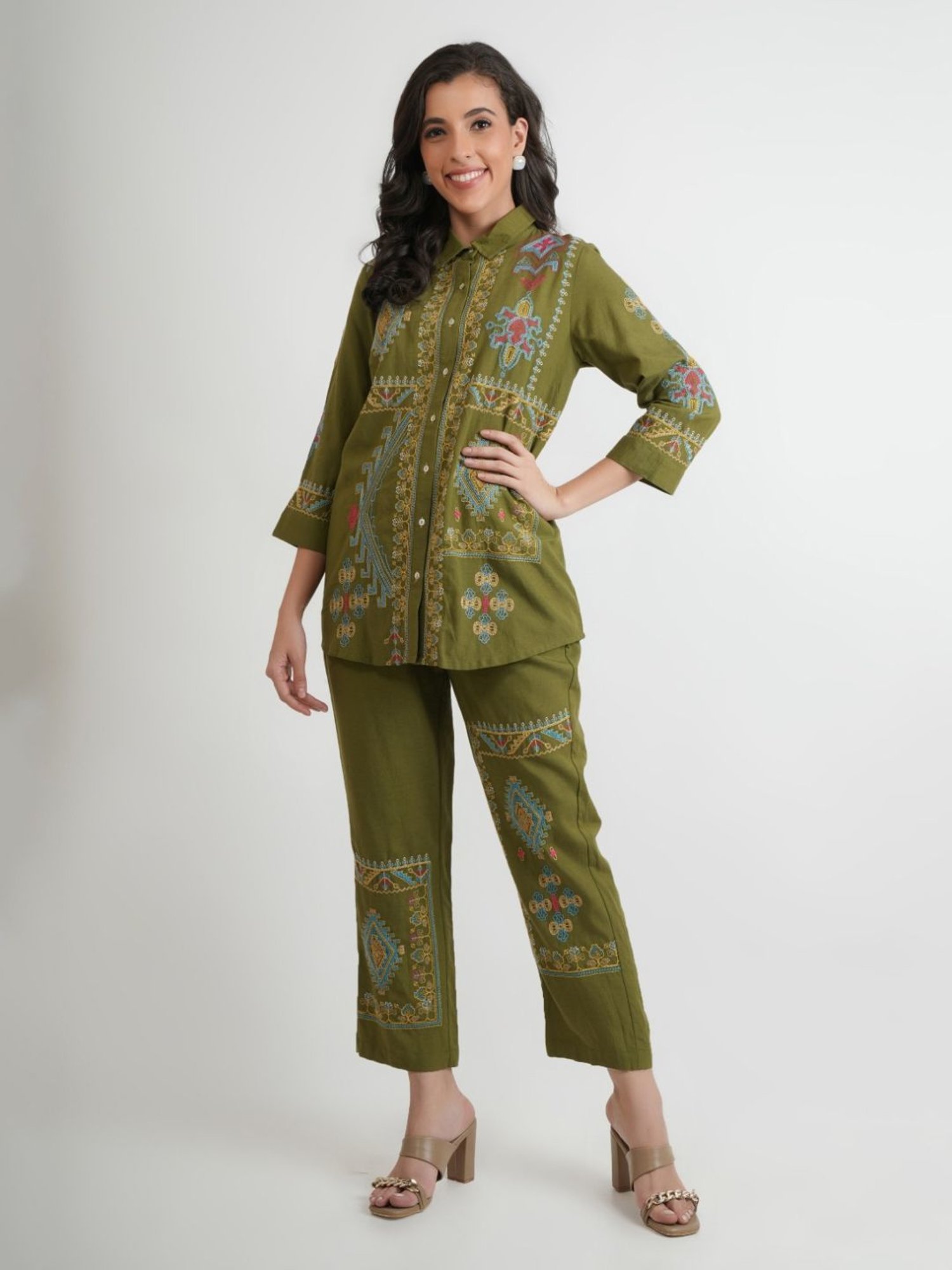 Kaftanize Green Chakori Printed Shirt And Pant