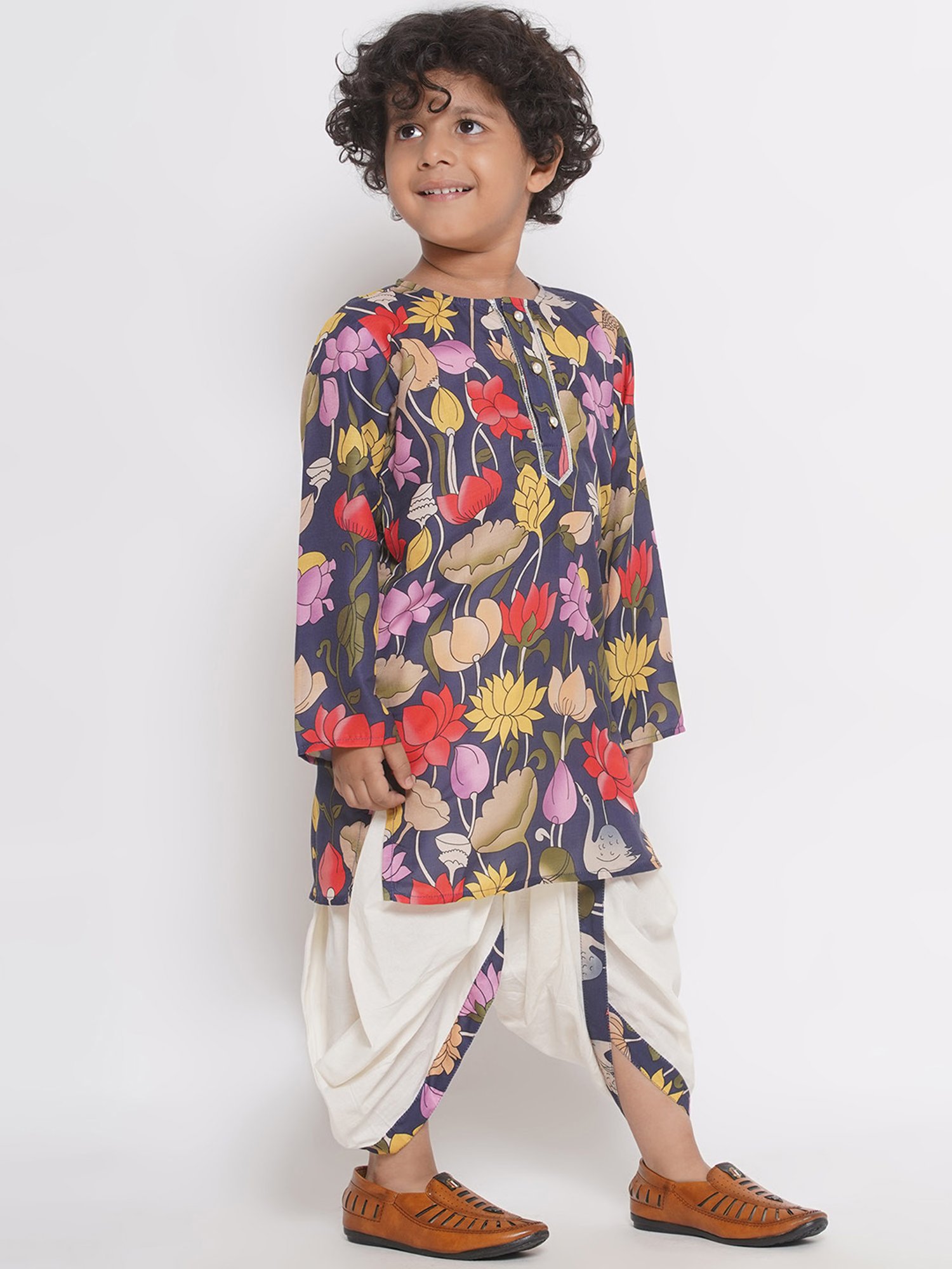 Little Bansi Kids Navy & White Floral Print Kurta with Dhoti