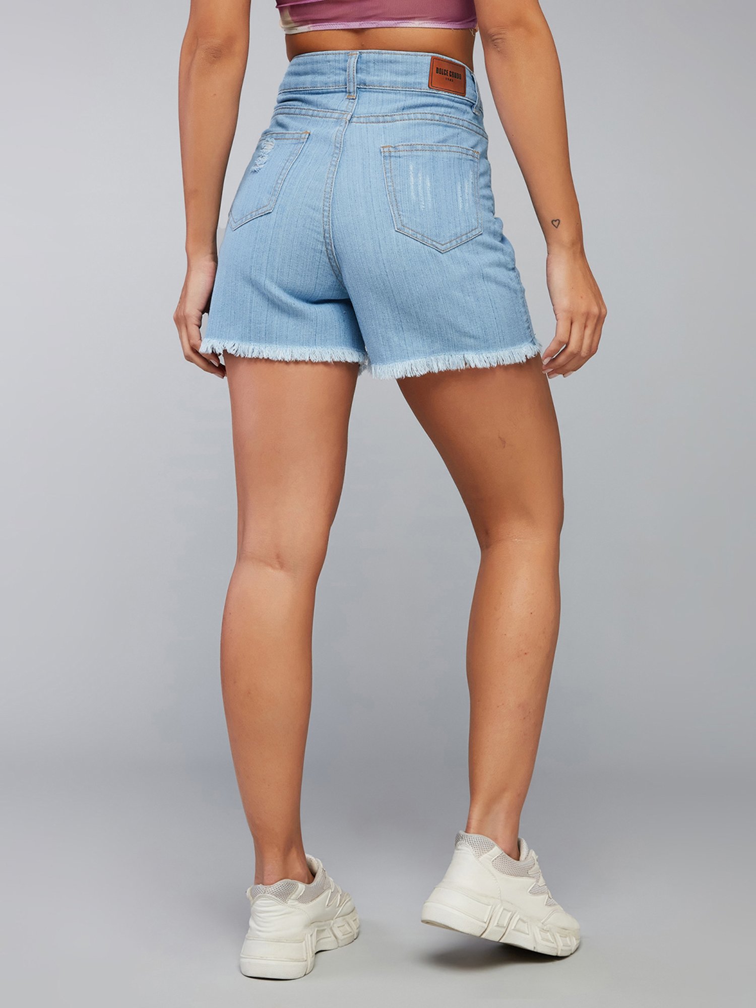 DOLCE CRUDO Light Blue Denim Distressed Mid Rise Shorts
