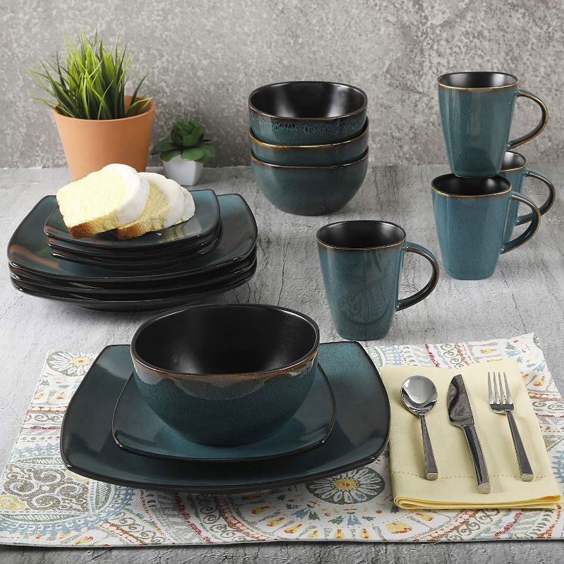 Gibson Elite Soho Lounge 16 Piece Reactive Glaze Durable Microwave and Dishwasher Safe Plates, Bowls, and Mugs Dinnerware Set, Teal