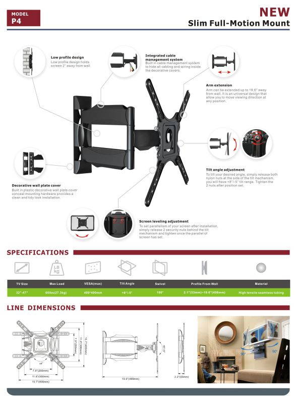 Articulating TV Wall Mount (NB P4) Fits 32-47" TVs upto 60lbs; Extends 19.6" From Wall; Cantilever Mount