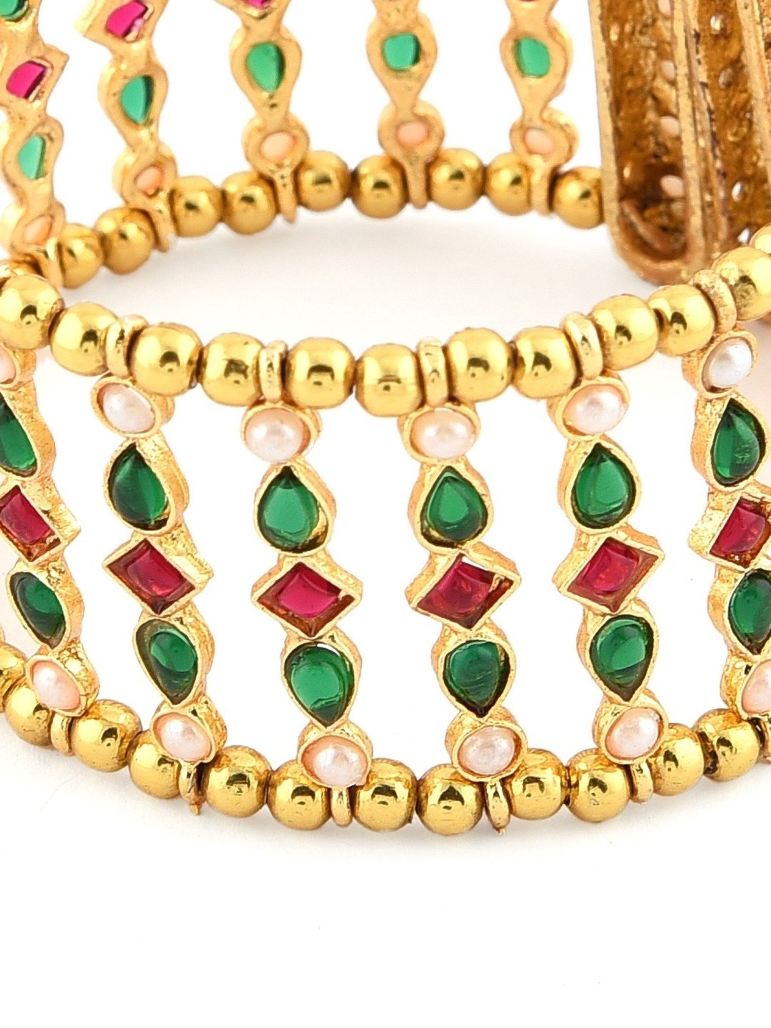 Zaveri Pearls Green & Pink Kundan Embellished Traditional Cuffs Bracelet - ZPFK11437