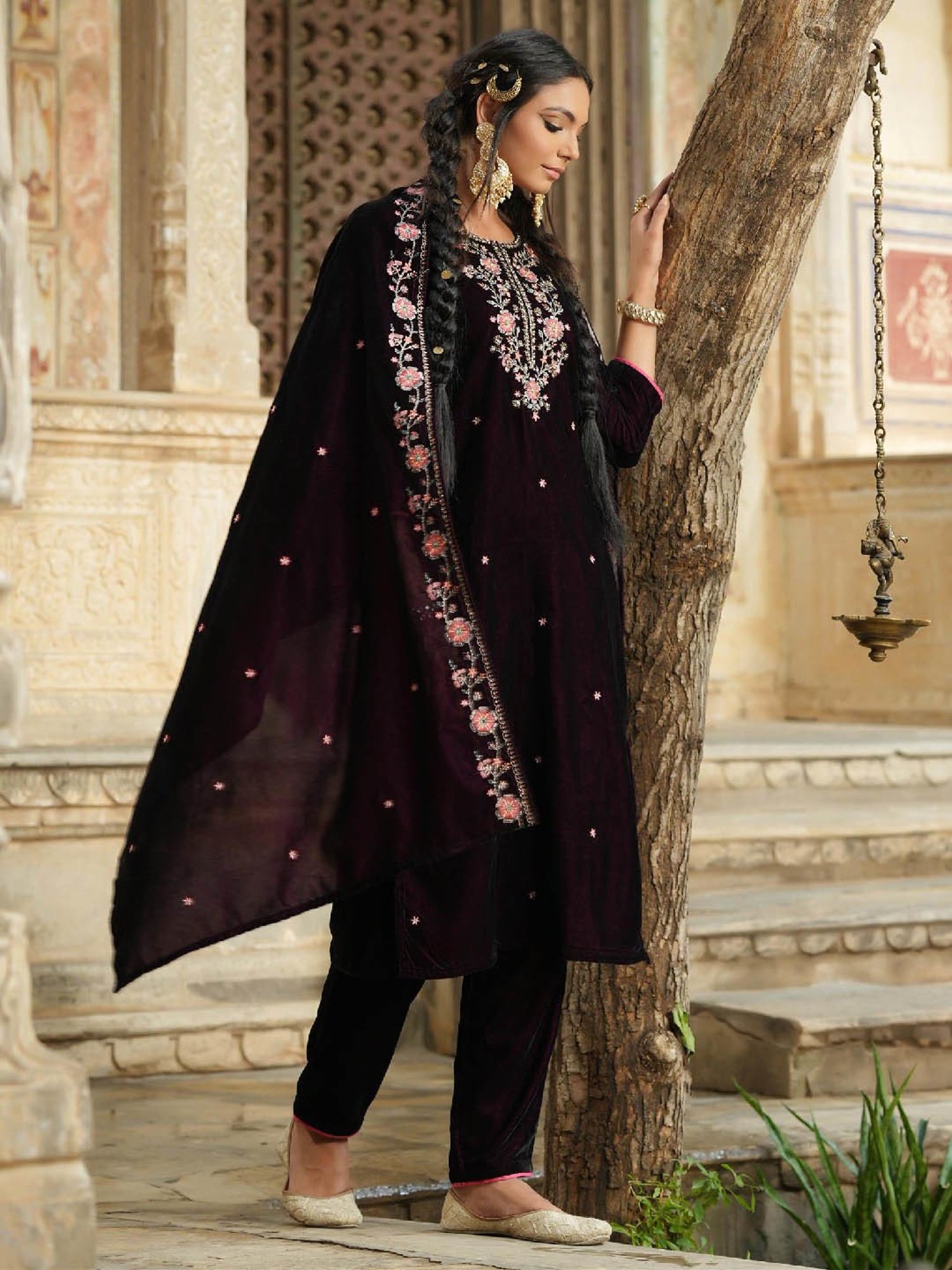 SCAKHI Maroon Embroidered Velvet Kurta With Pants & Dupatta