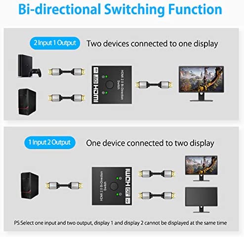 HDMI Switch 4K HDMI Splitter-Aluminum Bi-Directional HDMI Switcher 2 Input 1 Output, HDMI Switch Splitter 2 x 1/1 x 2. No External Power Required, Support 4K 3D HD 1080P for Xbox PS4 Roku HDTV etc