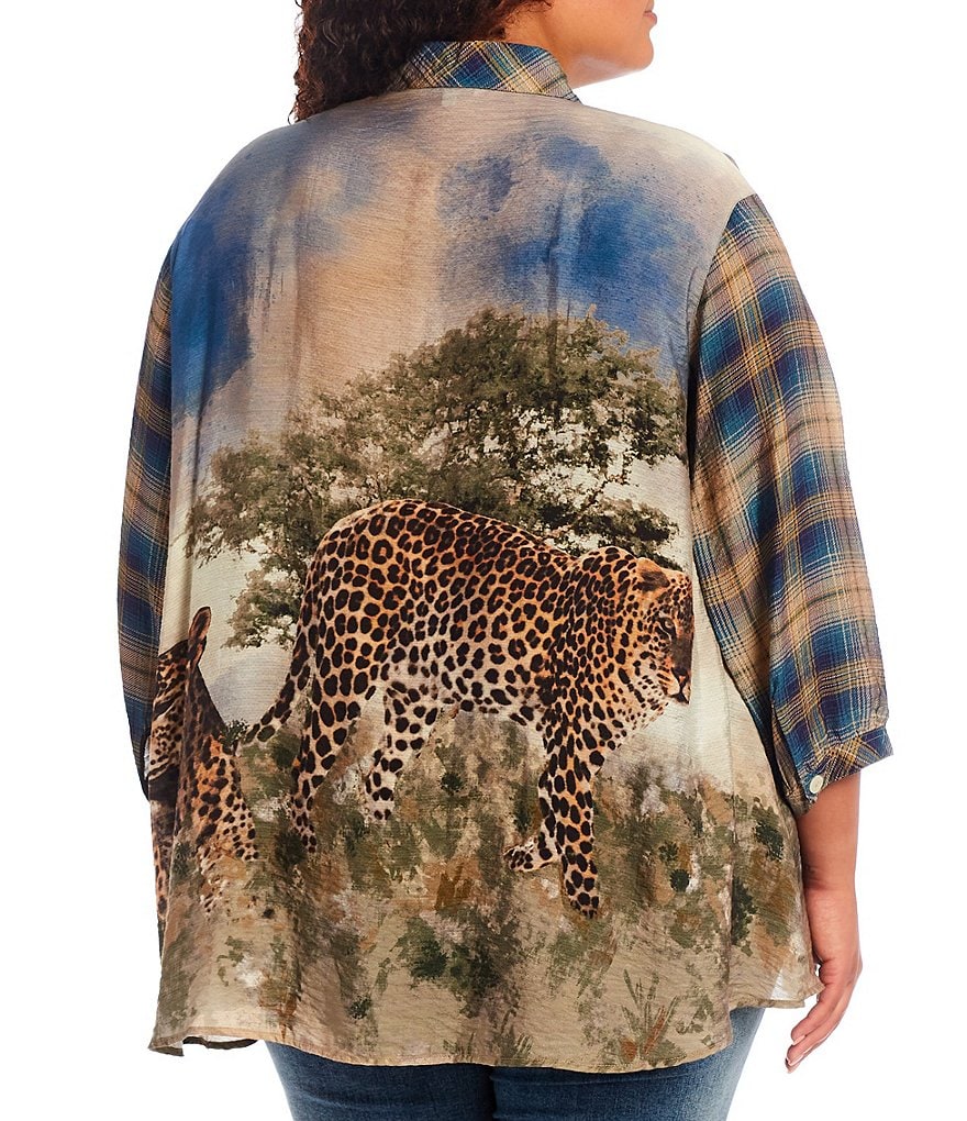 John Mark Plus Size Plaid & Animal Nature Print Button Down Hi-Low 3/4 Sleeve Point Collar Tunic