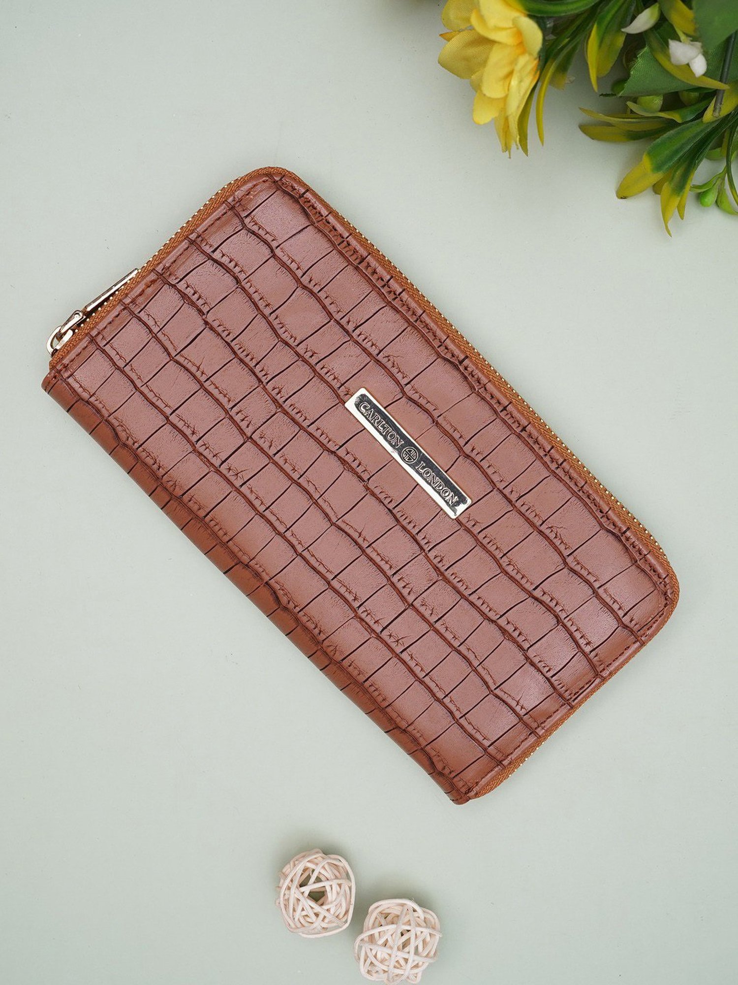 Carlton London Tan Textured Small Zip around Wallet for Women