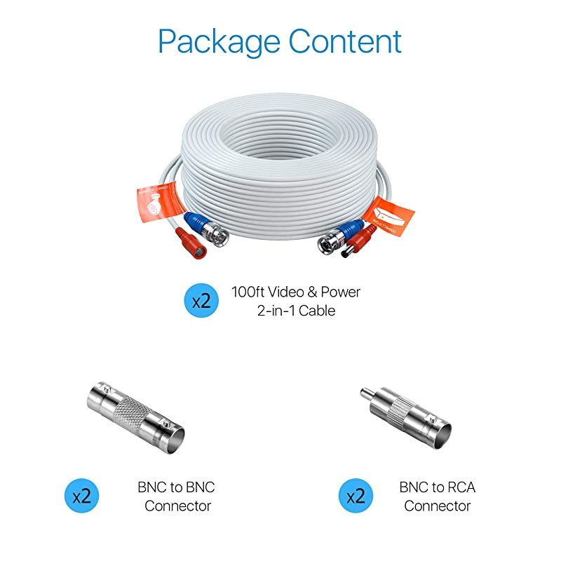 2 Pack 100ft 30 Meters 2in1 Video Power Cable BNC Extension Surveillance Camera Cables for Video Security Systems Included 2X BNC Connectors and 2X RCA AdaptersWhite Color