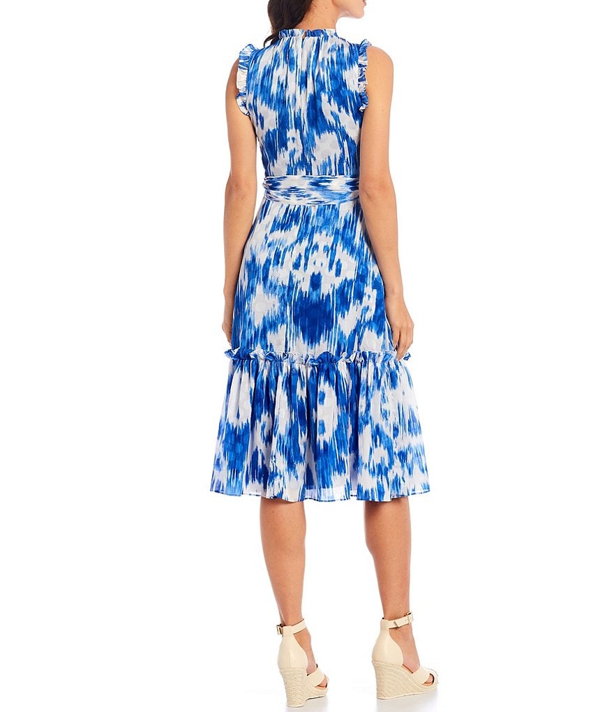 Tahari ASL Ikat Midi Ruffle High Neck Hem Self Tie Dress