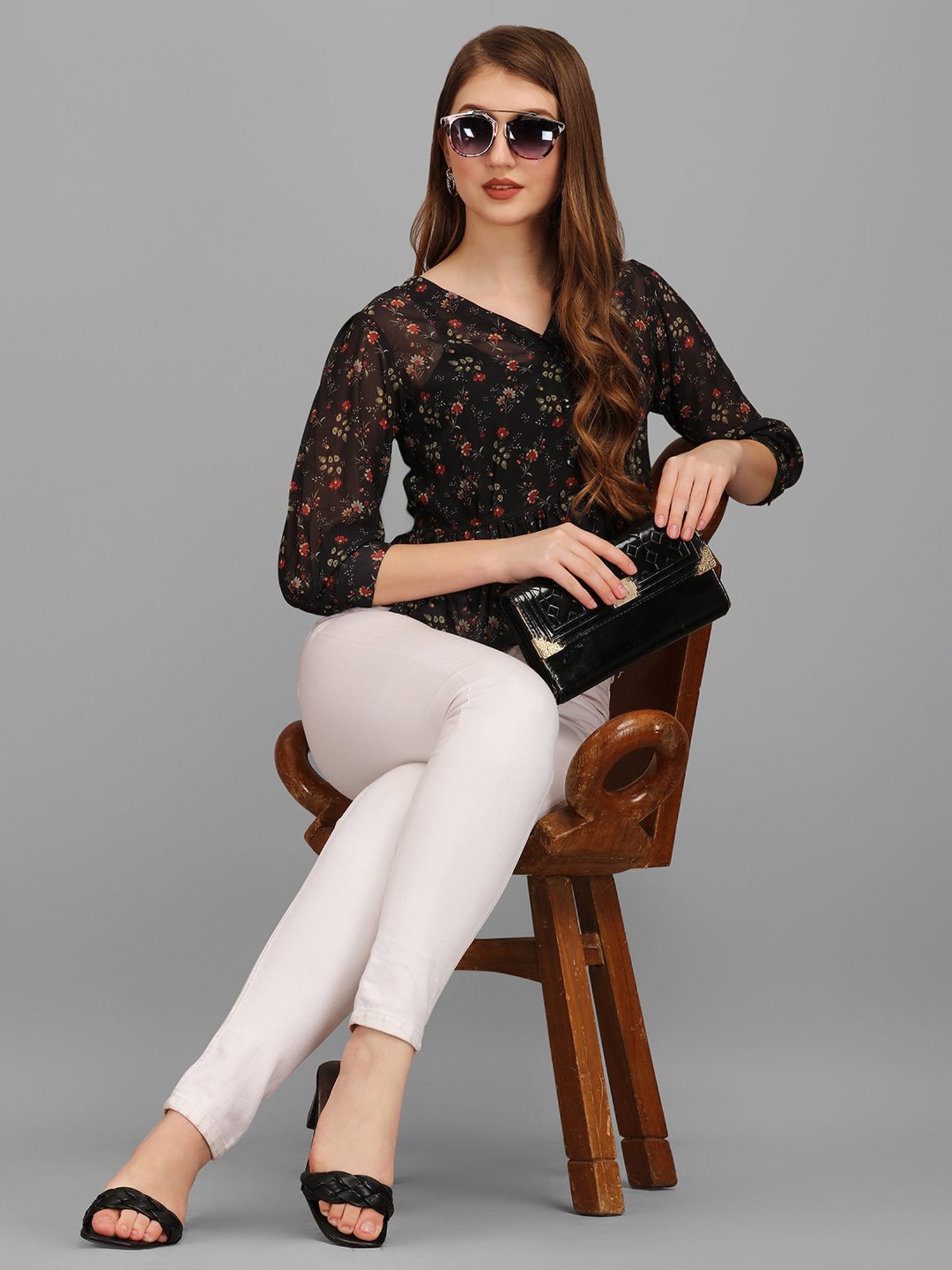 MASAKALI.CO Black Floral Print Peplum Top