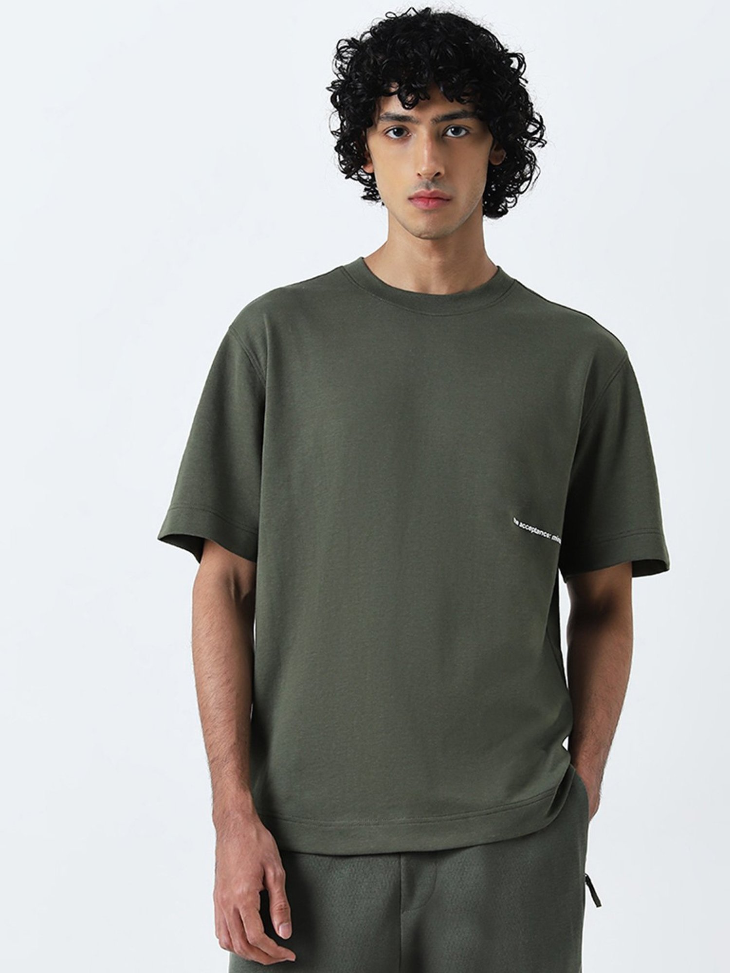 Studiofit by Westside Olive Text Printed Relaxed-Fit T-Shirt