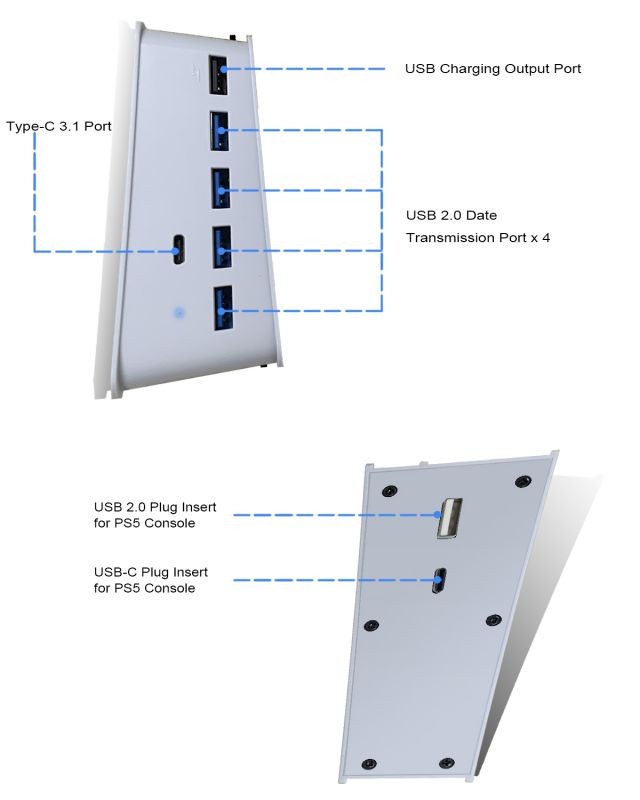PS5 Console USB HUB, PS5 Extender 5 Port High-Speed Transmission Expansion Adapter Converter Splitter With 4 USB + 1 USB Charging Port + 1 Type C 3.1 Port for PS5 Drive Version &  Digital Version