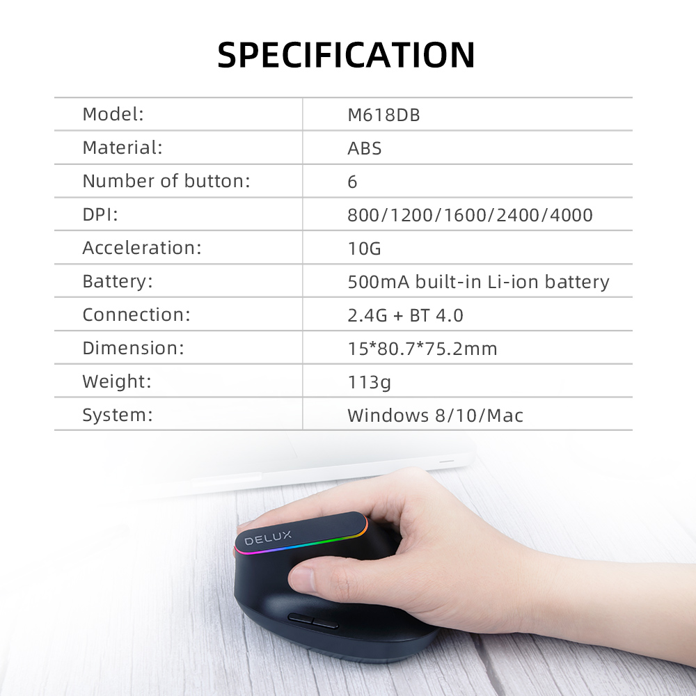 DELUX 2.4G Wireless Vertical Mouse, Rechargeable Ergonomic Mouse with USB Receiver, 6 Buttons and 1600DPI, Ergo 57 Degree Design Reduce Hand and Wrist Pressure for PC Laptp and Computer(M618D-Black)