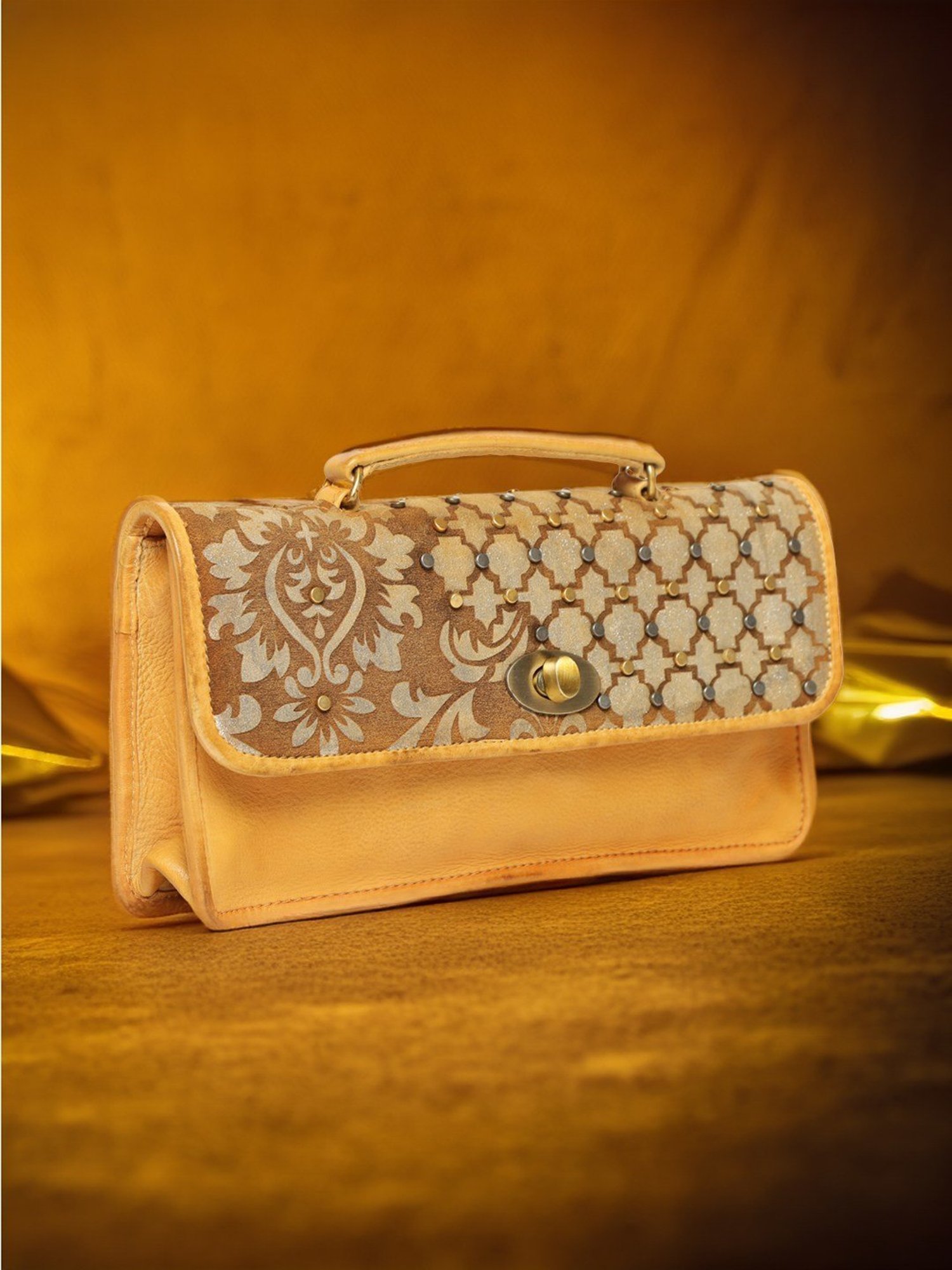 Art N Vintage Luminosa Mustard Yellow Leather Embellished Small Sling Handbag