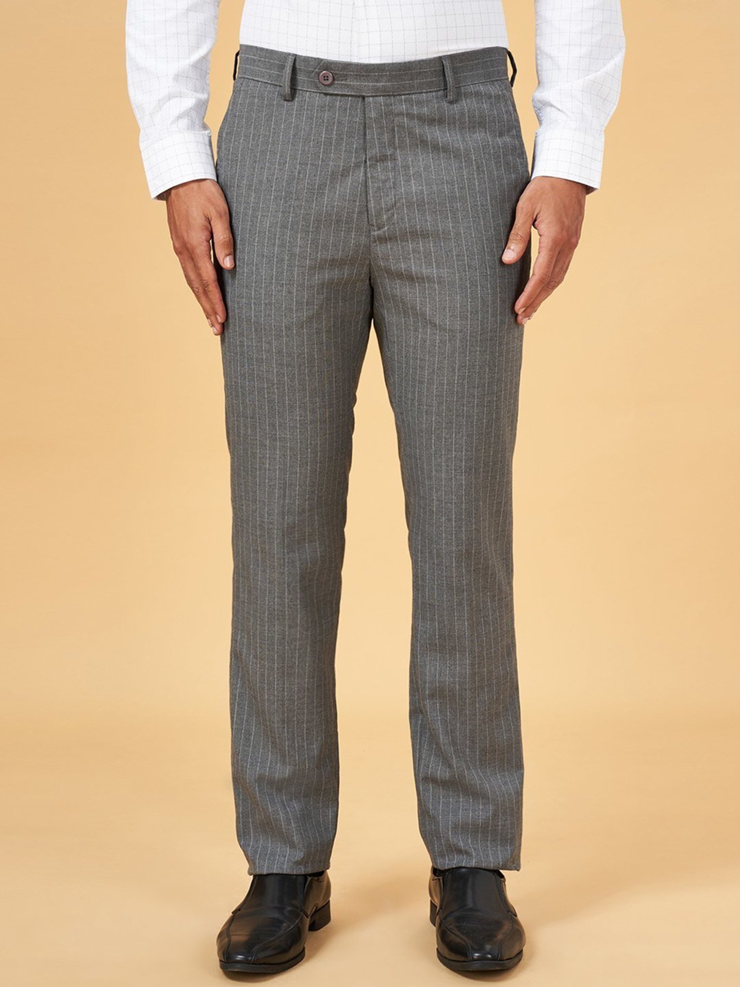 Byford by Pantaloons Grey Melange Slim Fit Striped Trousers