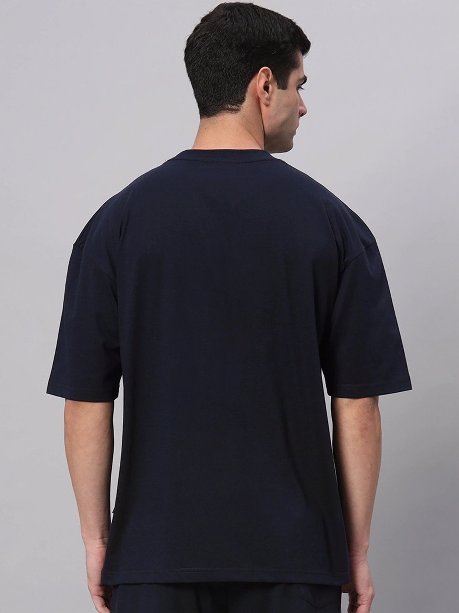 Griffel Navy Blue Cotton Loose Fit Printed T-Shirt