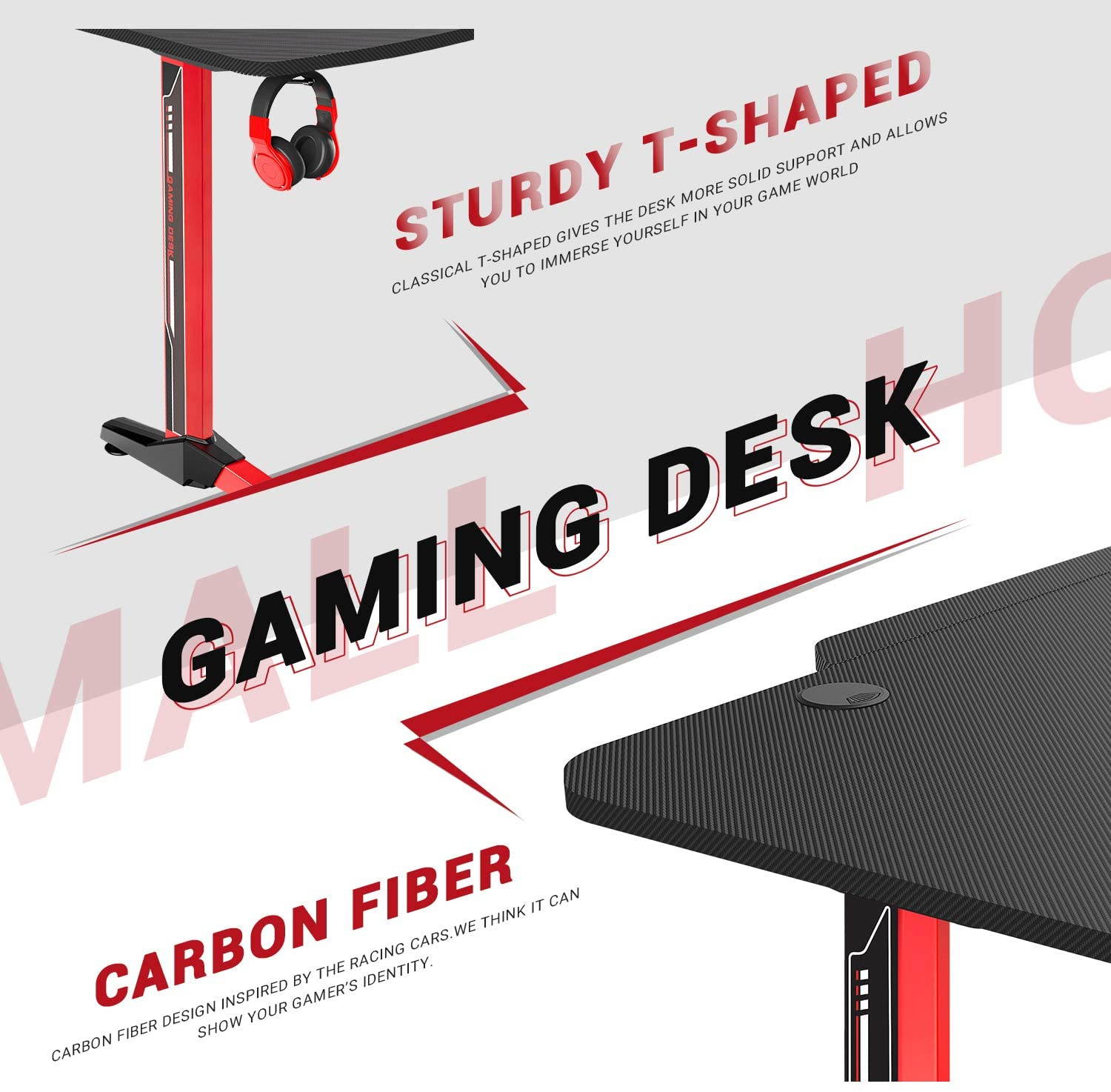 Homall Gaming Desk 43.6'' PC Computer Desk Racing Style T-shaped Home Office Table Gamer Workstation with Free Full Desk Mouse Pad, Game Handle Rack, Cup Holder and Headphone Hook (Red)