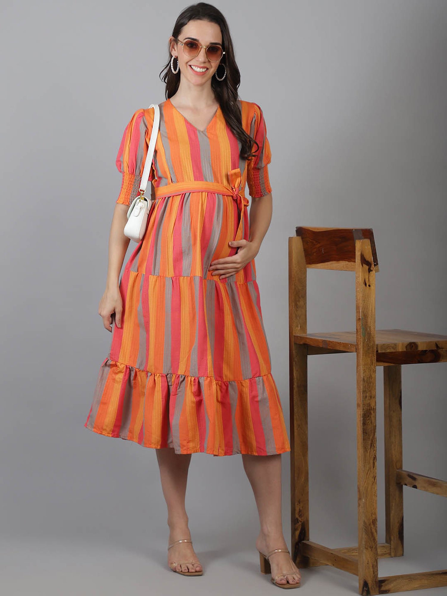 Moms Maternity Orange Striped Maternity Midi Dress