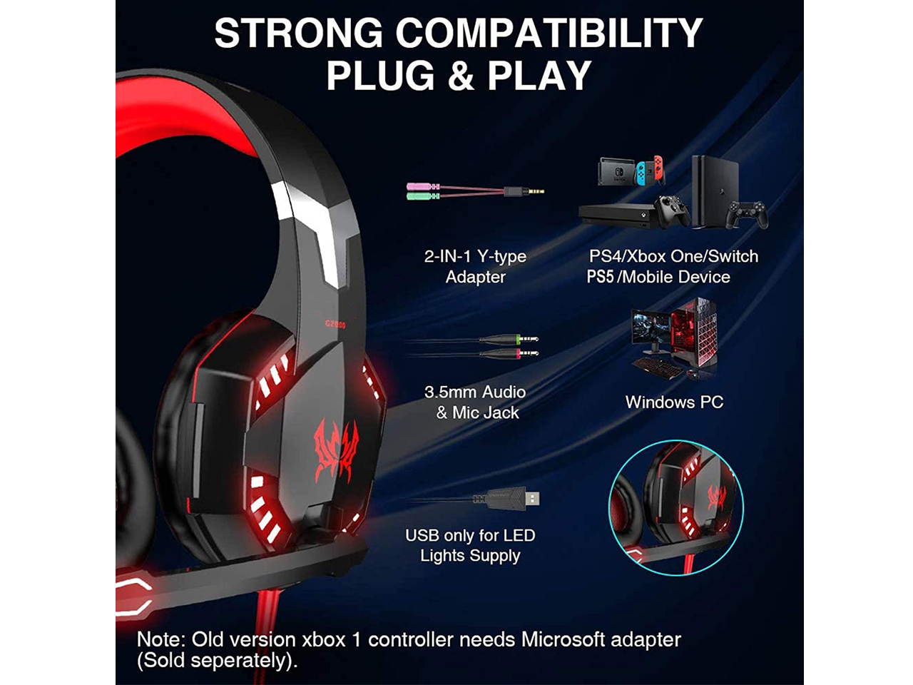 G2000 Gaming Headset, Surround Stereo Gaming Headphones with Noise Cancelling Mic, LED Lights & Soft Memory Earmuffs for PS5, PS4, Xbox One, Nintendo Switch, PC Mac Computer Games