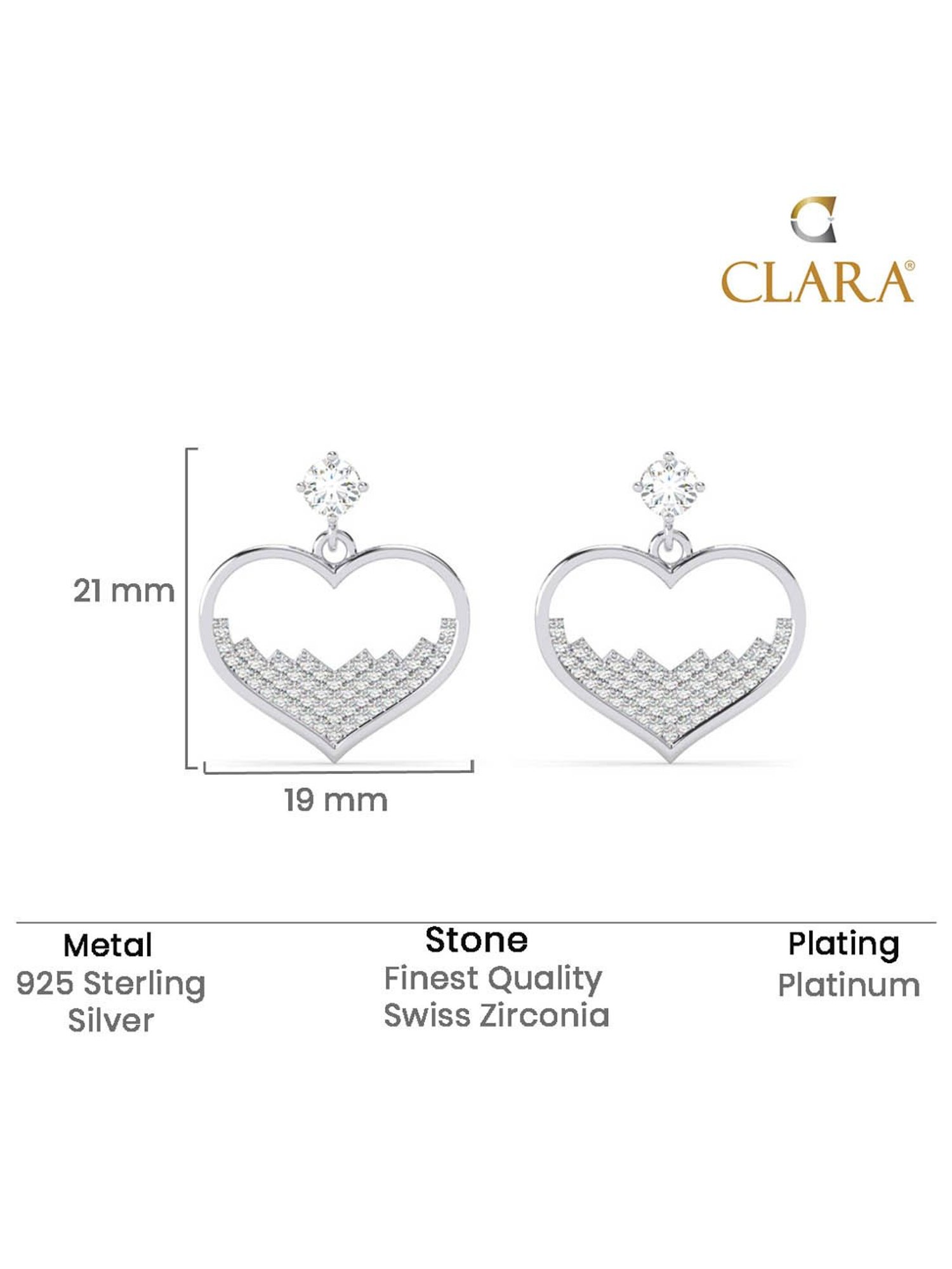 Clara 925 Silver Platinum Plated Swiss Zirconia Cuore Heart Earrings Valentine Gift for Women