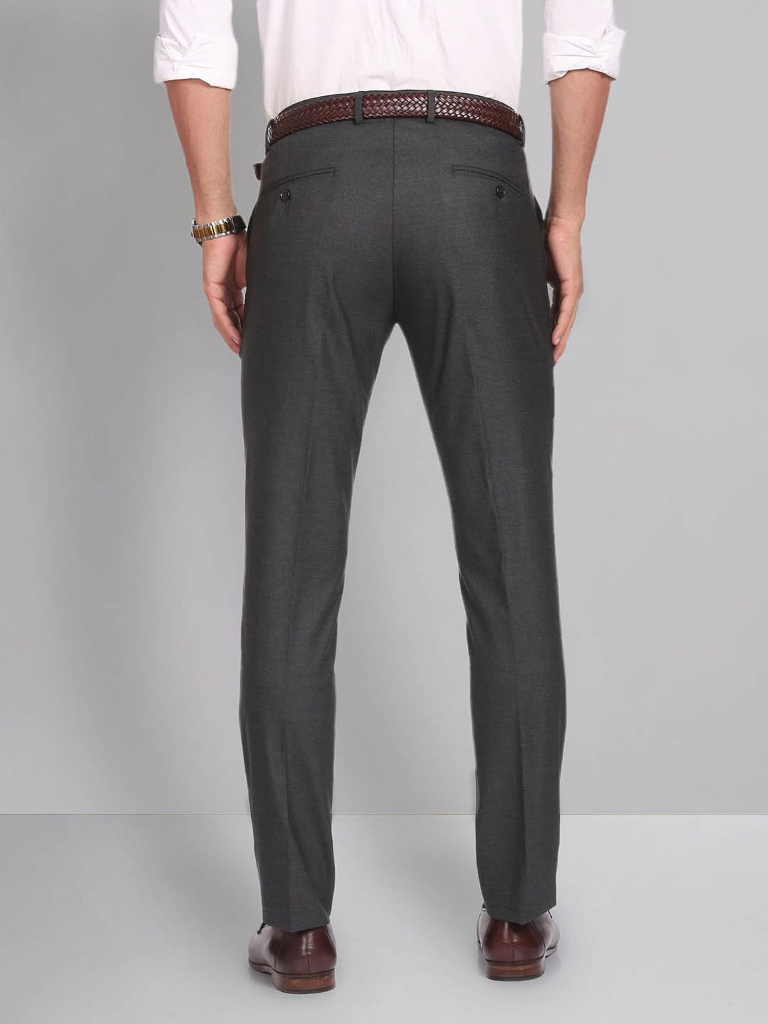 AD by Arvind Dark Grey Slim Fit Flat Front Trousers