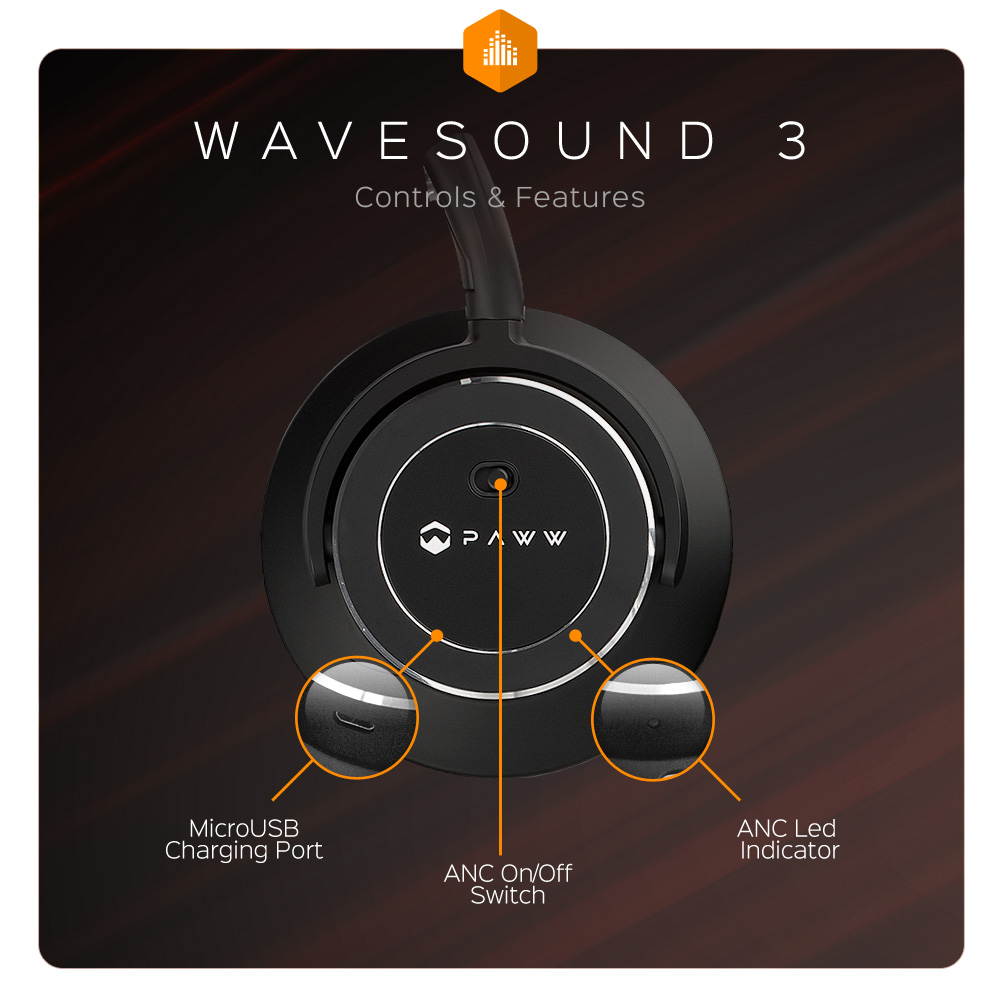 Paww WaveSound 3 Bluetooth Headphones &ndash; Active Noise Cancelling Headphones with Airplane Adapter, Charging Cable & Carrying Case &ndash; Foldable Travel Headphones/Over-Ear Headphones