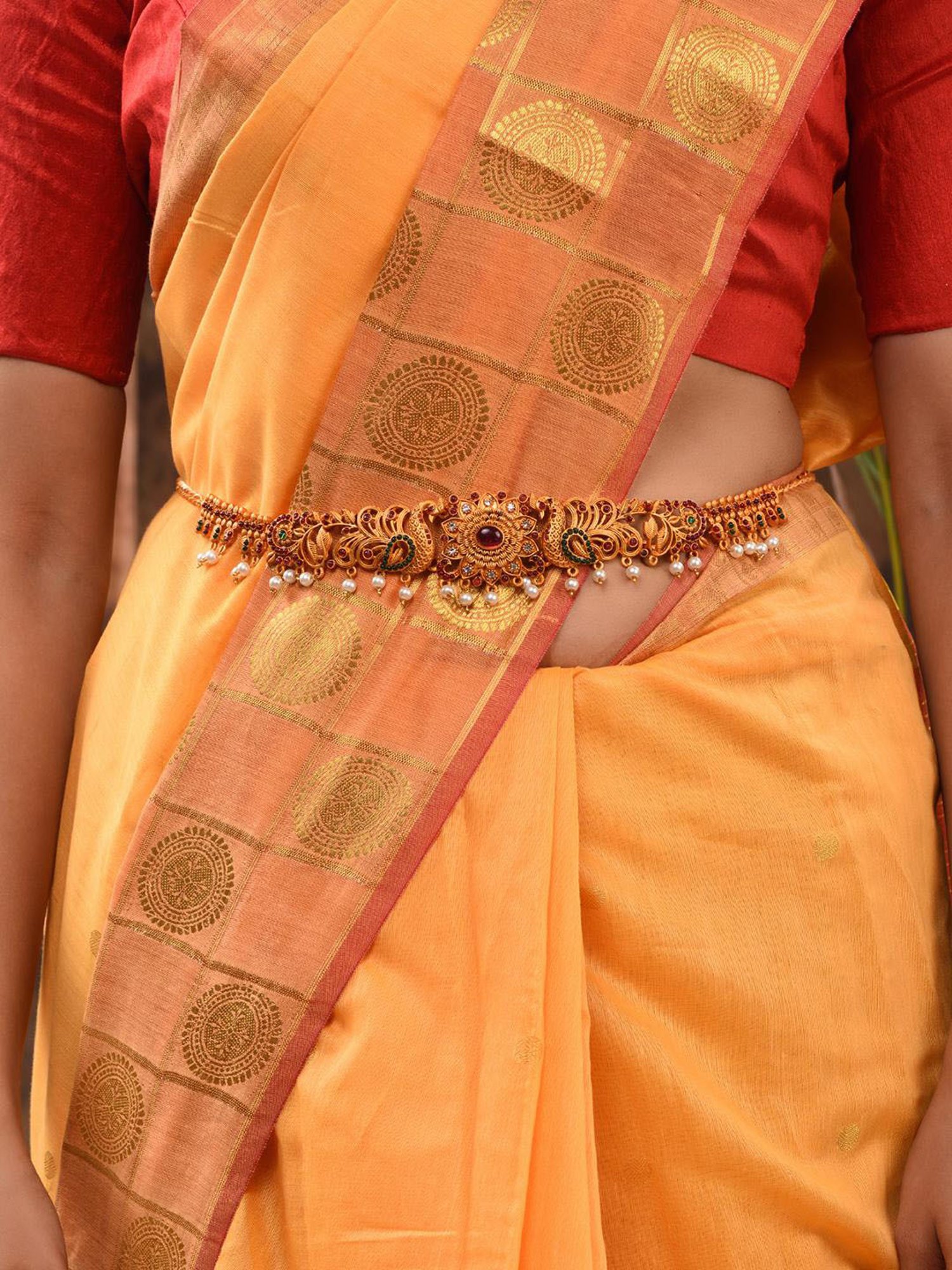 Saraf Rs Jewellery Gold Plated Kemp Stone Studded Pearl Beaded Peaacock Design Hip Belt Kamarbandh