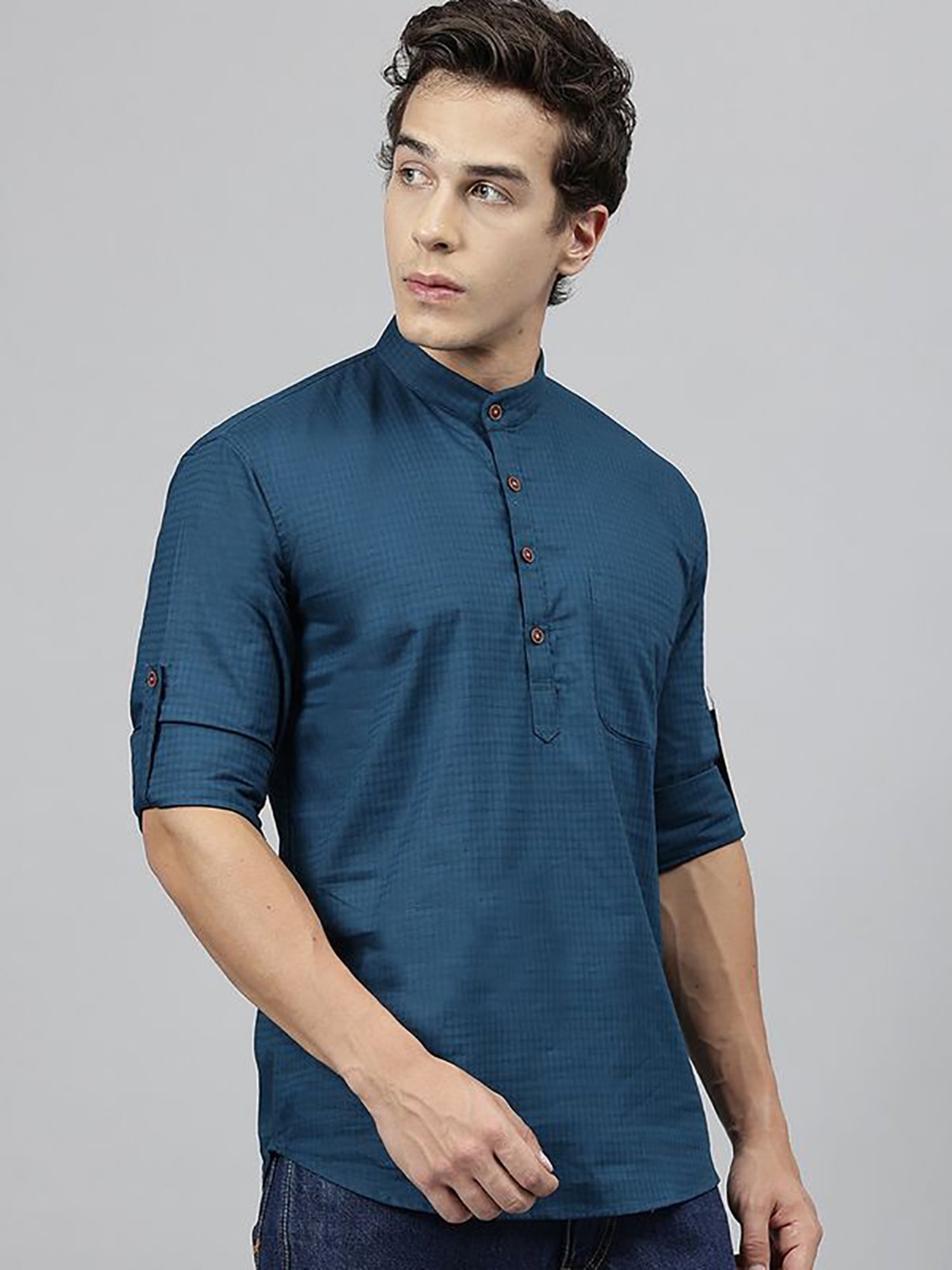 Hancock Turquoise Cotton Regular Fit Solid Kurtas
