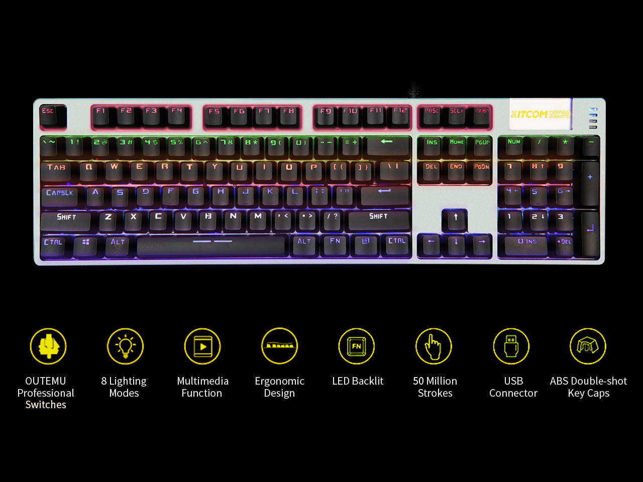 KITCOM Mechanical Gaming USB Wired&nbsp;Keyboard&nbsp;with Brown&nbsp;Switch Tactile/Slightly Clicky, Rainbow LED Backlit Double-Shot Keycaps&nbsp;104 Keys Full Size Computer Laptop Keyboard for Windows PC/MAC Gamer